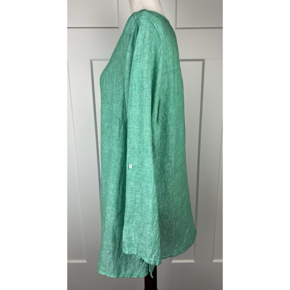 Tahari 100% Linen Tunic Top 1X Green Button Front Roll Tab Sleeve EUC - Picture 7 of 9